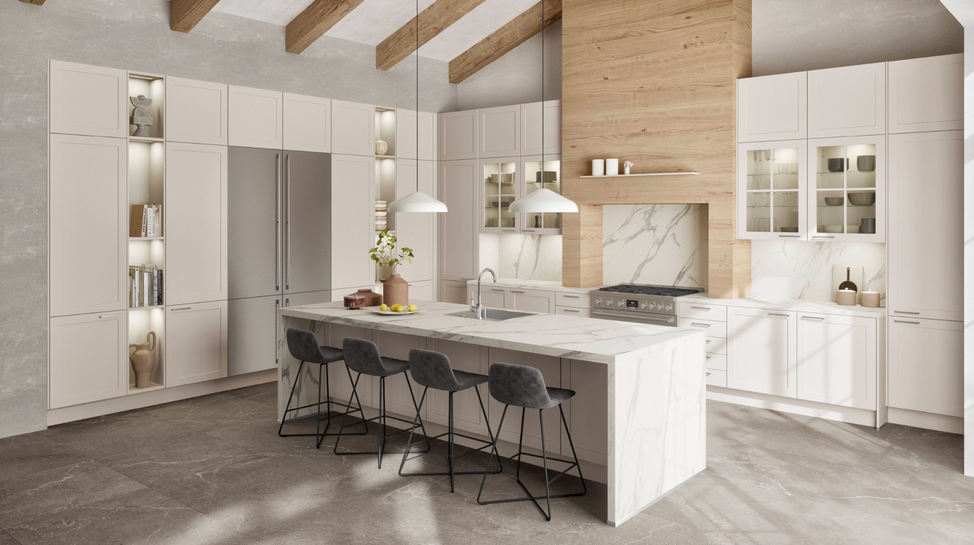 Moderne Küche mit Holz- und Weißtönen, Insel mit Barhockern und eleganten Leuchten.